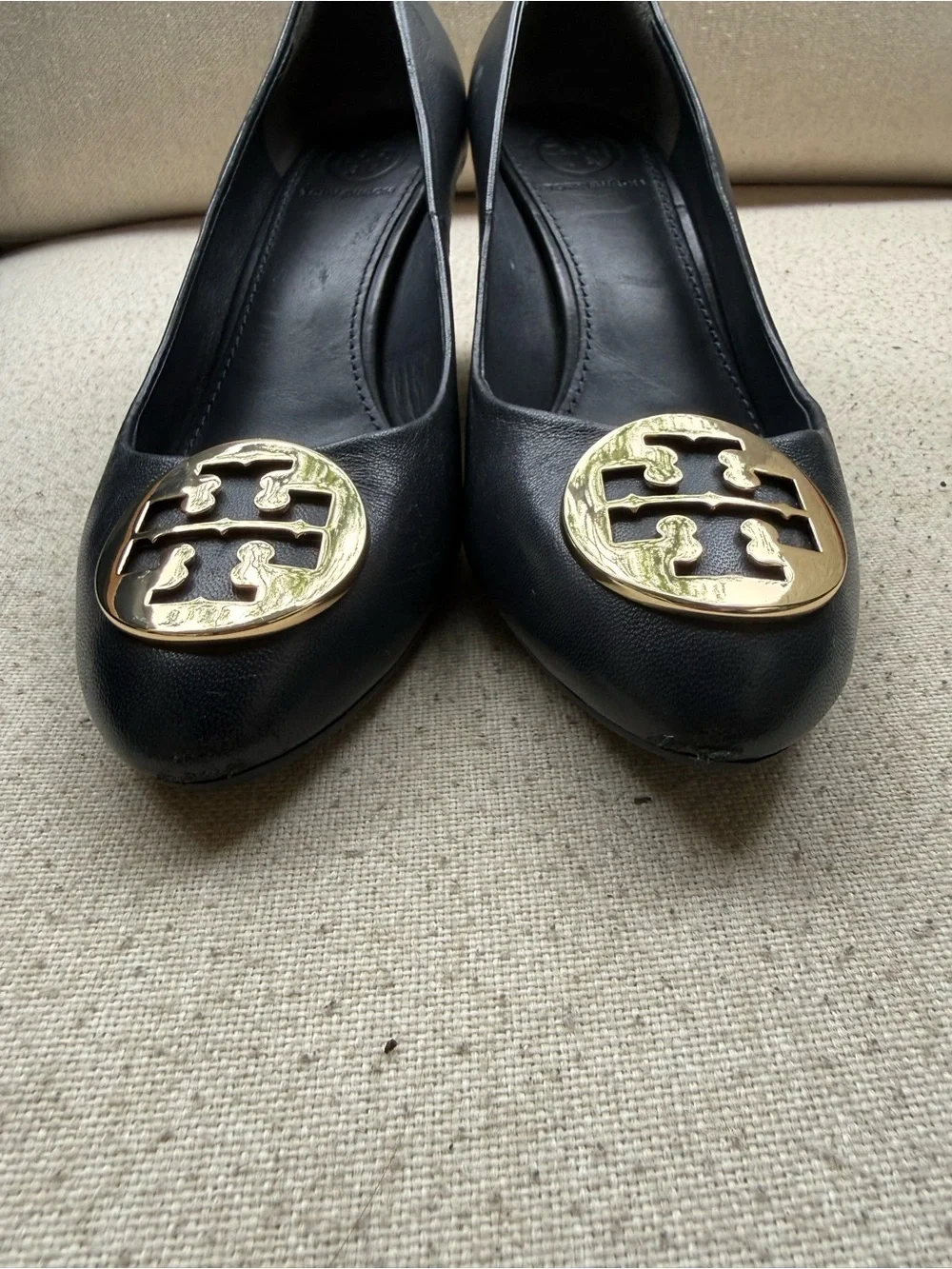 Tory Burch Black Leather Flats with Gold Logo Medallions